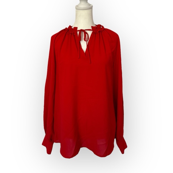 Doe & Rae Tops - NWOT Doe & Rae Long Sleeve Red V-Neck Blouse with Ruffles and Neck Tie